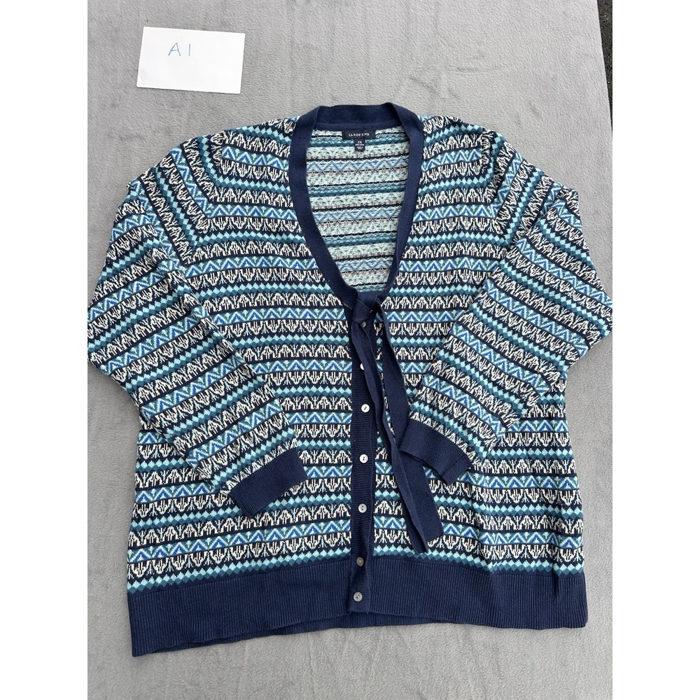 Lands' End Wmns 2X Fair Isle Cardigan Sweater Tie Front Blue Nordic Cotton Cash